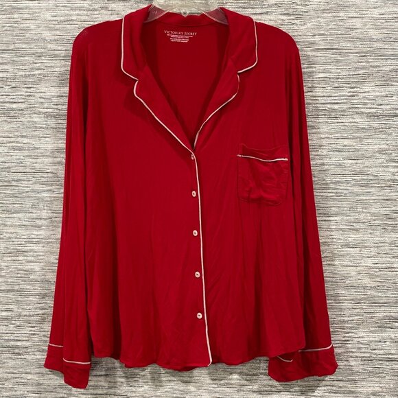 Victorias Secret Red Long Sleeve Button-Up Pajama Top XXL Soft Cotton-Blend - Picture 1 of 4